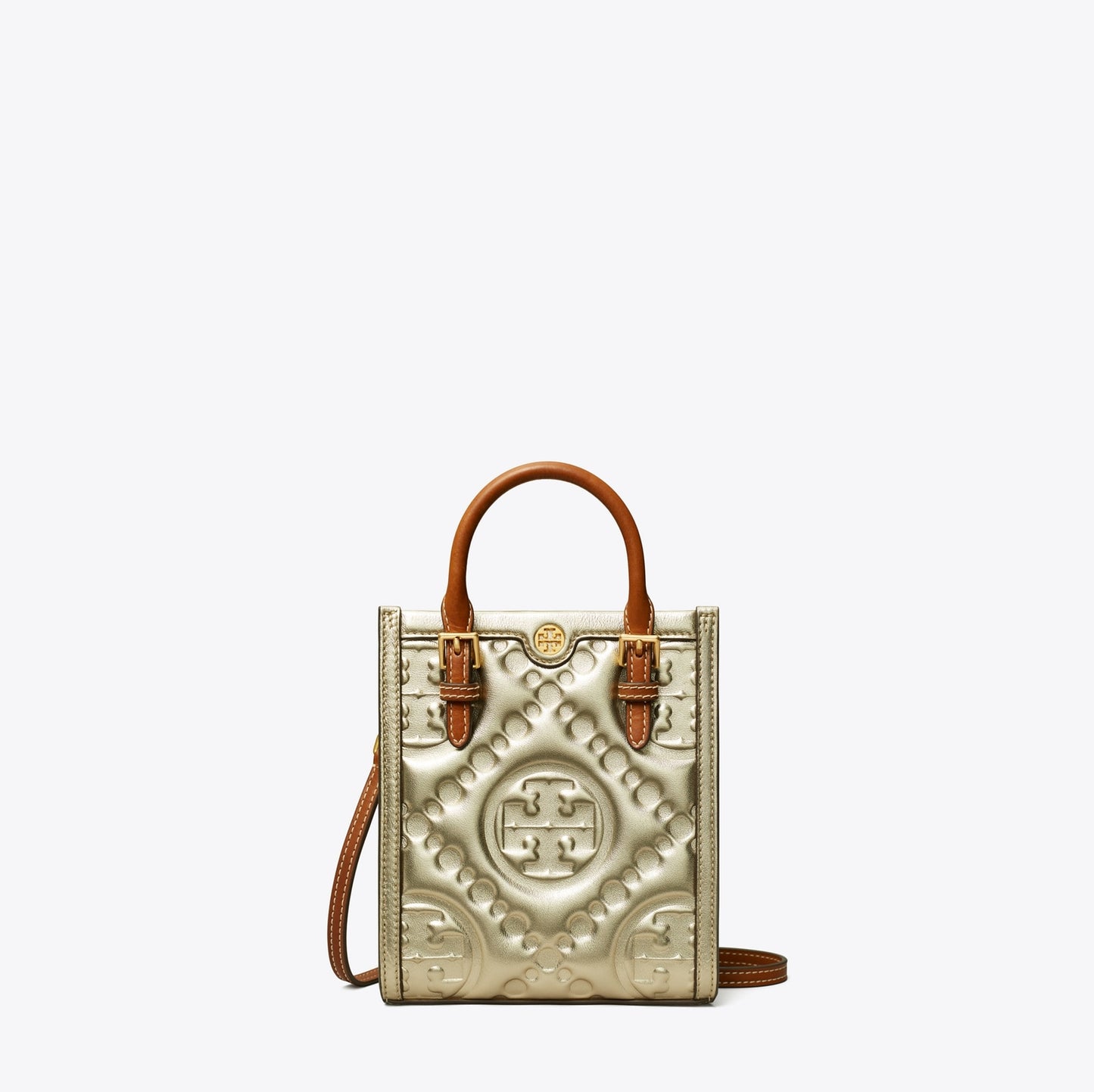 T Monogram Embossed Metallic Mini Tote